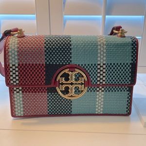 New Tory Burch, leather plaid woven handbag in red, black and teal.